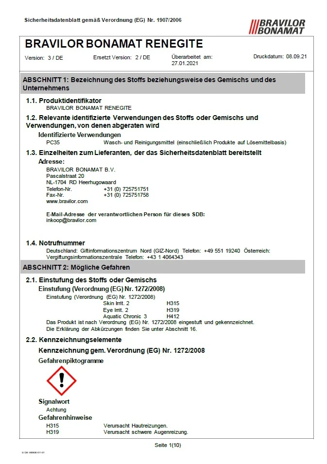 Bravilor Bonamat Renegite Sicherheitsdatenblatt