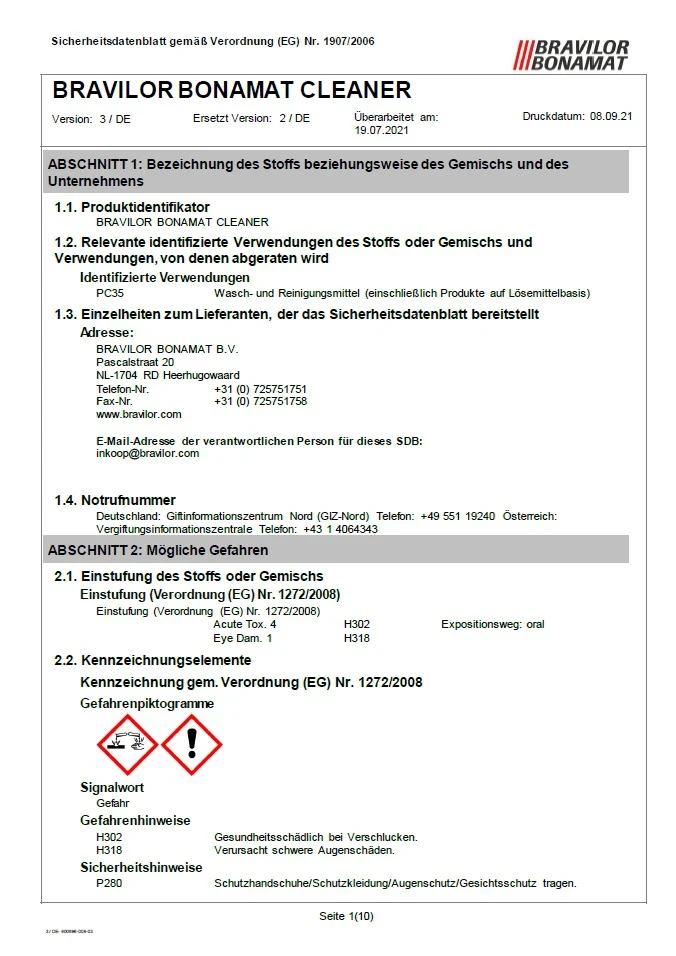 Bravilor Bonamat Cleaner Sicherheitsdatenblatt